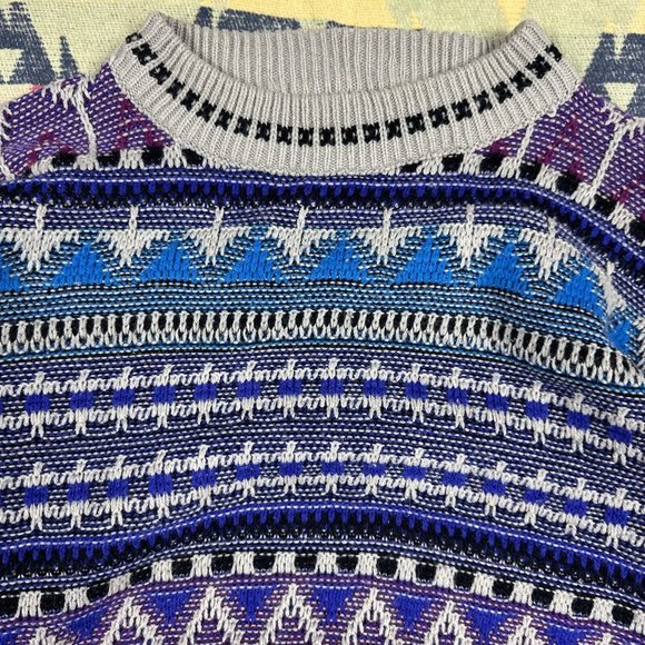 Vintage Grandpa Sweater Mens Large Gray Crewneck 90s Aztec Grunge Nubby Knit - Picture 3 of 11